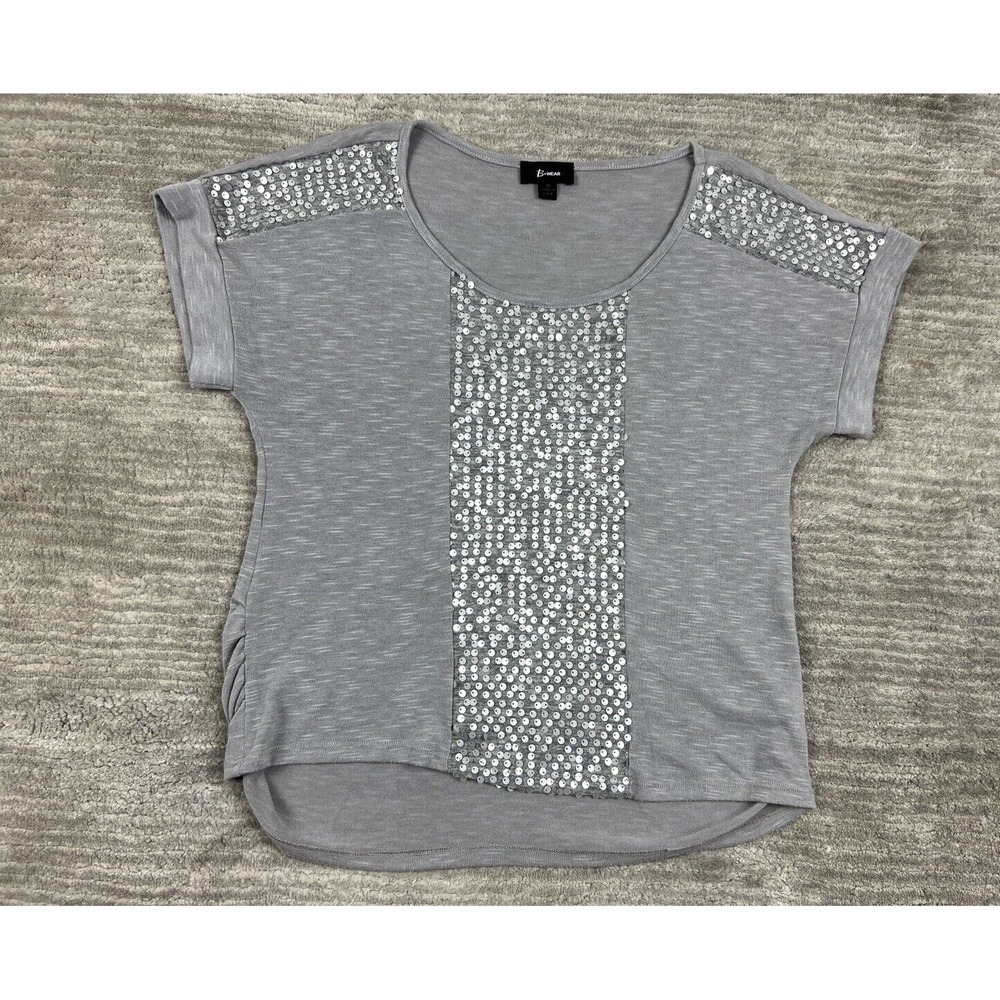 B.Wear Top Womens M Gray Sequin Embellished Short Sleeve Scoop Neck Ruched USA